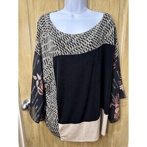 Chico's Travelers By Chicos Geometric Artsy Tunic Top Slinky Black Floral 3 (XL)